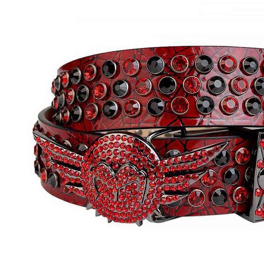 Rhinestone Red Belt And Black & Red stones Dark Grey Angel Wings Shaped Buckle studded With Red & Black Rhinestones