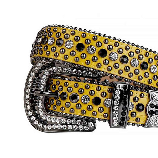 Rhinestone Yellow Belt And Black & Transparent stones Silver Buckle studded With Black & Crystal Rhinestones