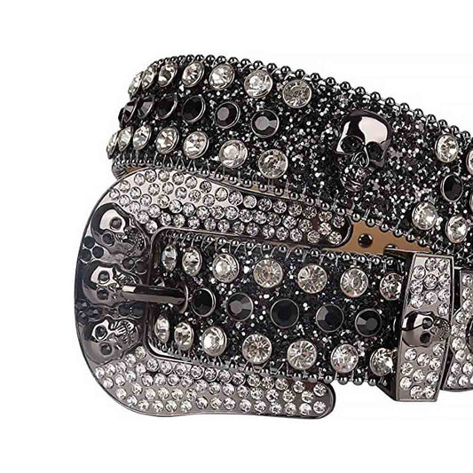 Rhinestones Glitter Black Leather Belts Skull Buckle With Black And Crystal White Stones