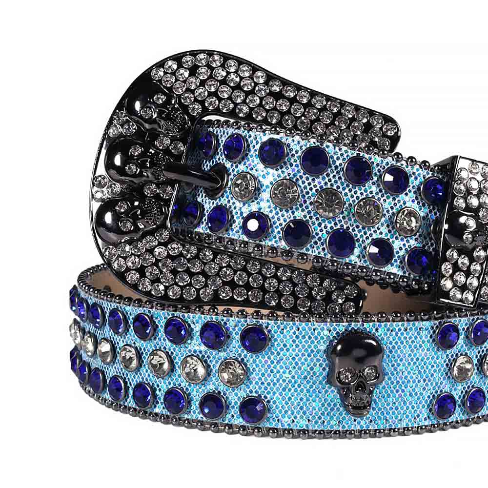 Rhinestones Glitter Light Blue Leather Strap Skull Buckle Belts With Royal Blue And Crystal White Stones