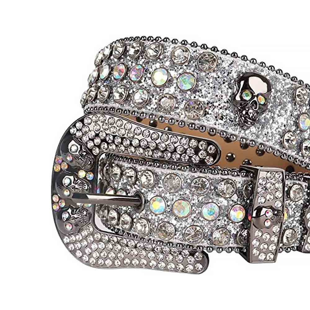 Rhinestones Glitter White Leather Belts Skull Buckle With White Multi Color Stones