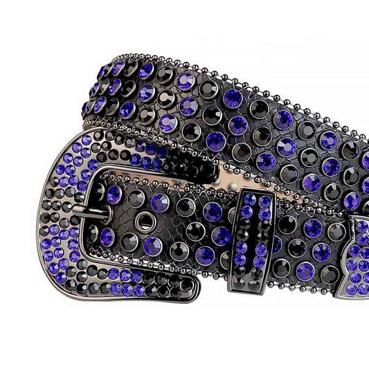 Rhinestones Leather Belt Black With Black And Blue Stones