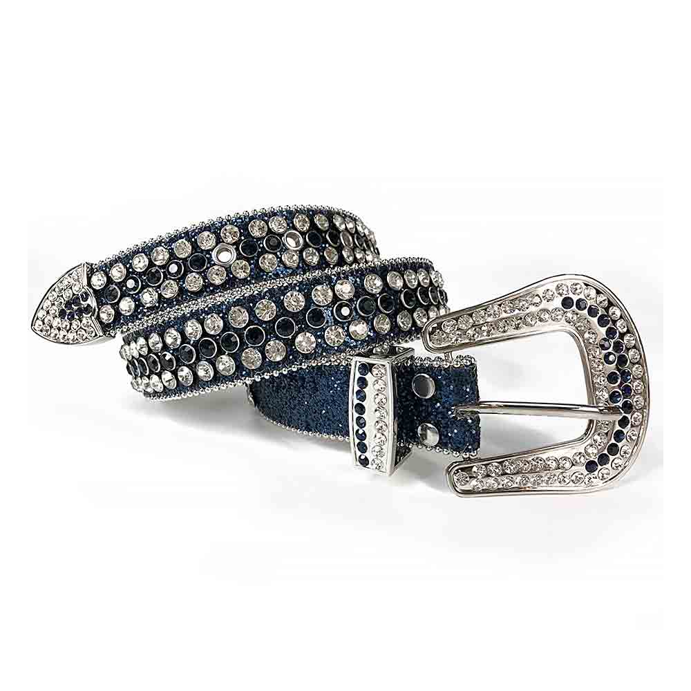 Rhinestones Leather Belt   Dark Blue with White Stones