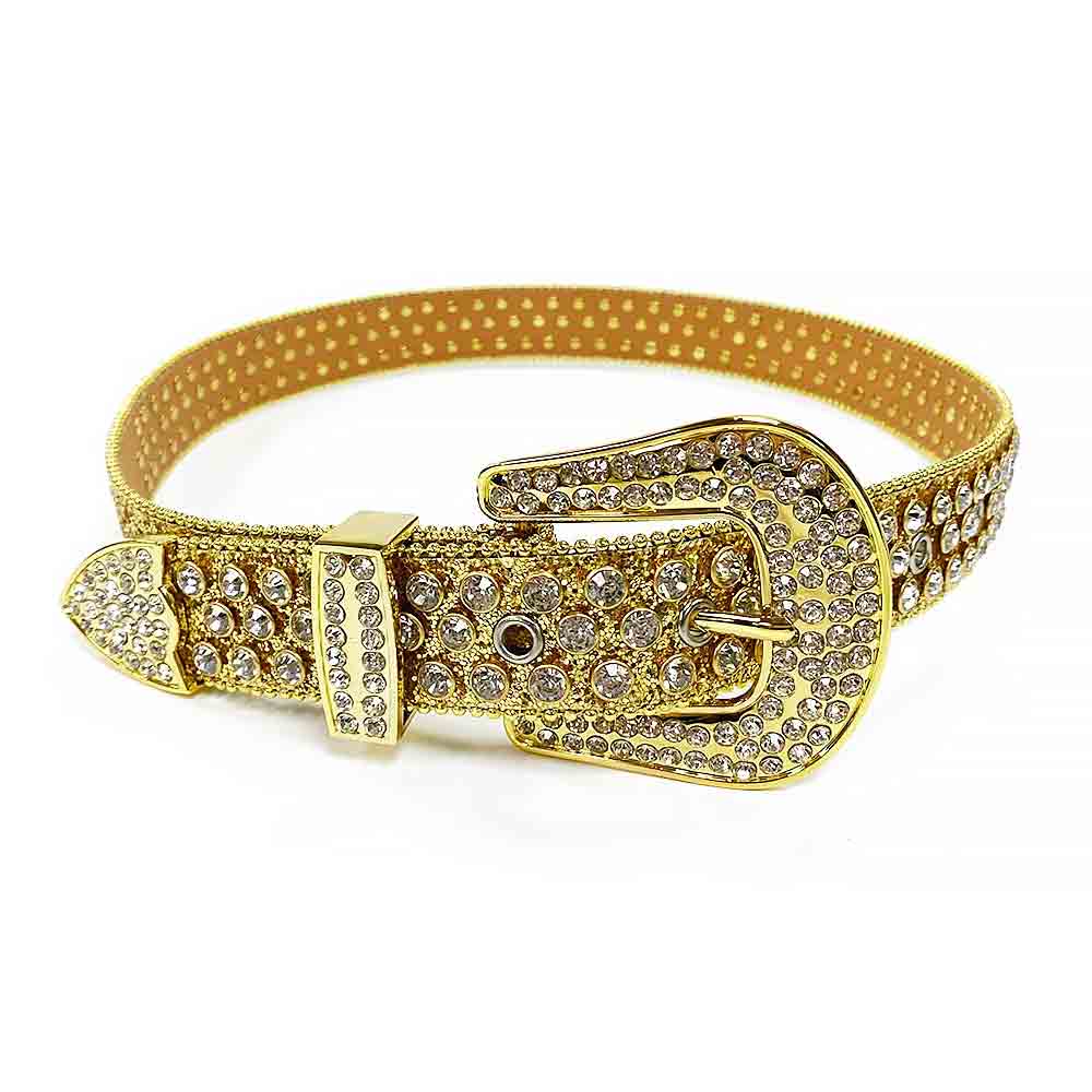 Rhinestones Leather Belt   Gold Big White Stones