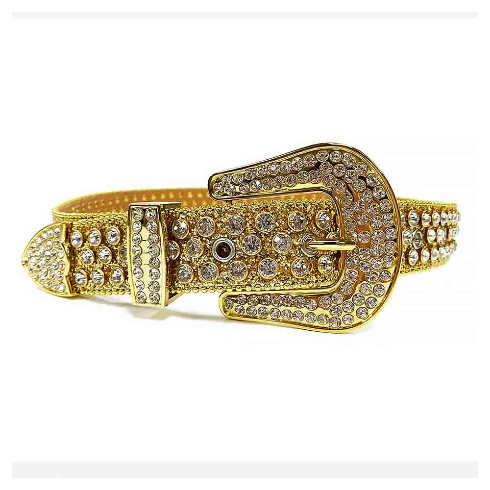 Rhinestones Leather Belt   Gold Big White Stones