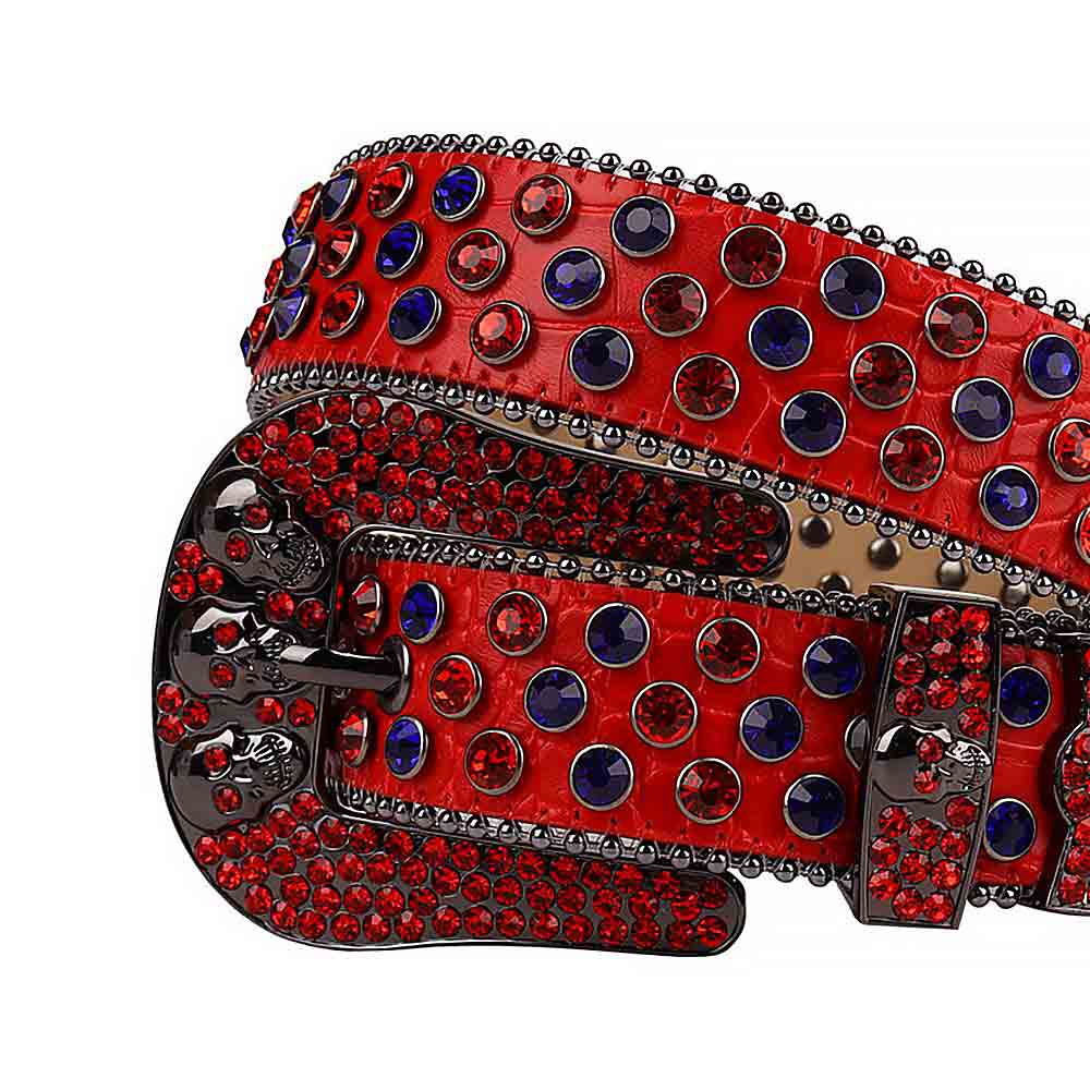 Rhinestones Leather Belt   Red Skull With Red And Blue Stones