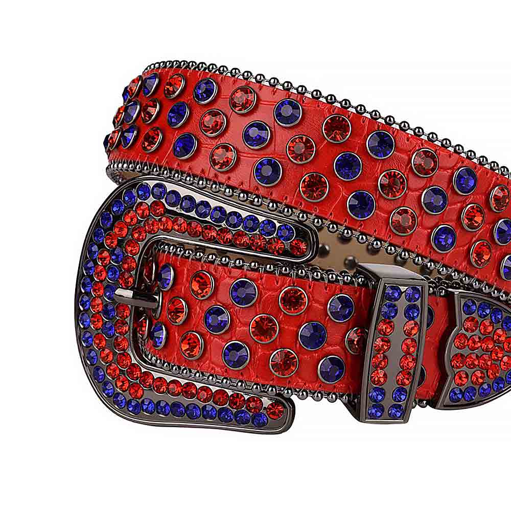 Rhinestones Leather Belt   Red With Red And Blue Stones