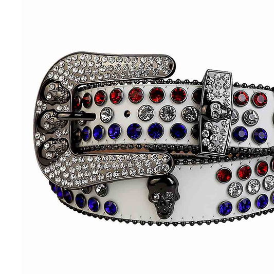 Rhinestones Leather Belt White With 7 Skulls Red White Blue Stones