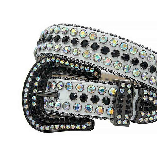 Rhinestones Leather Belt   White With Black And Multi Stones