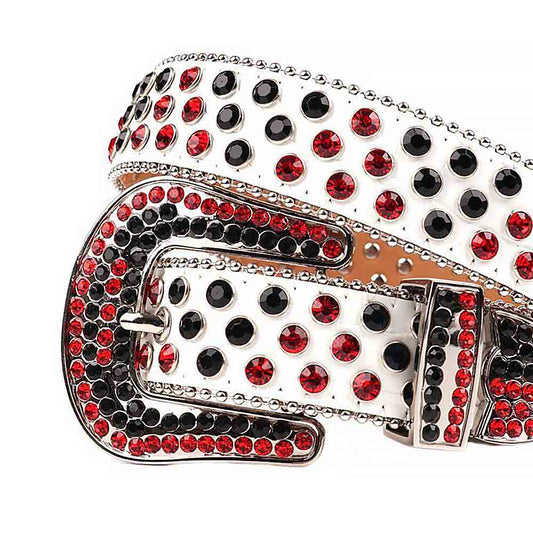 Rhinestones Leather Belt   White With Black And Red Stones