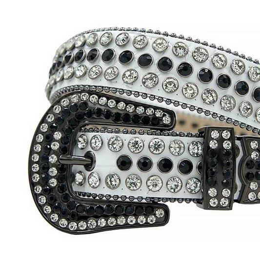 Rhinestones Leather Belt   White With Black And White Stones