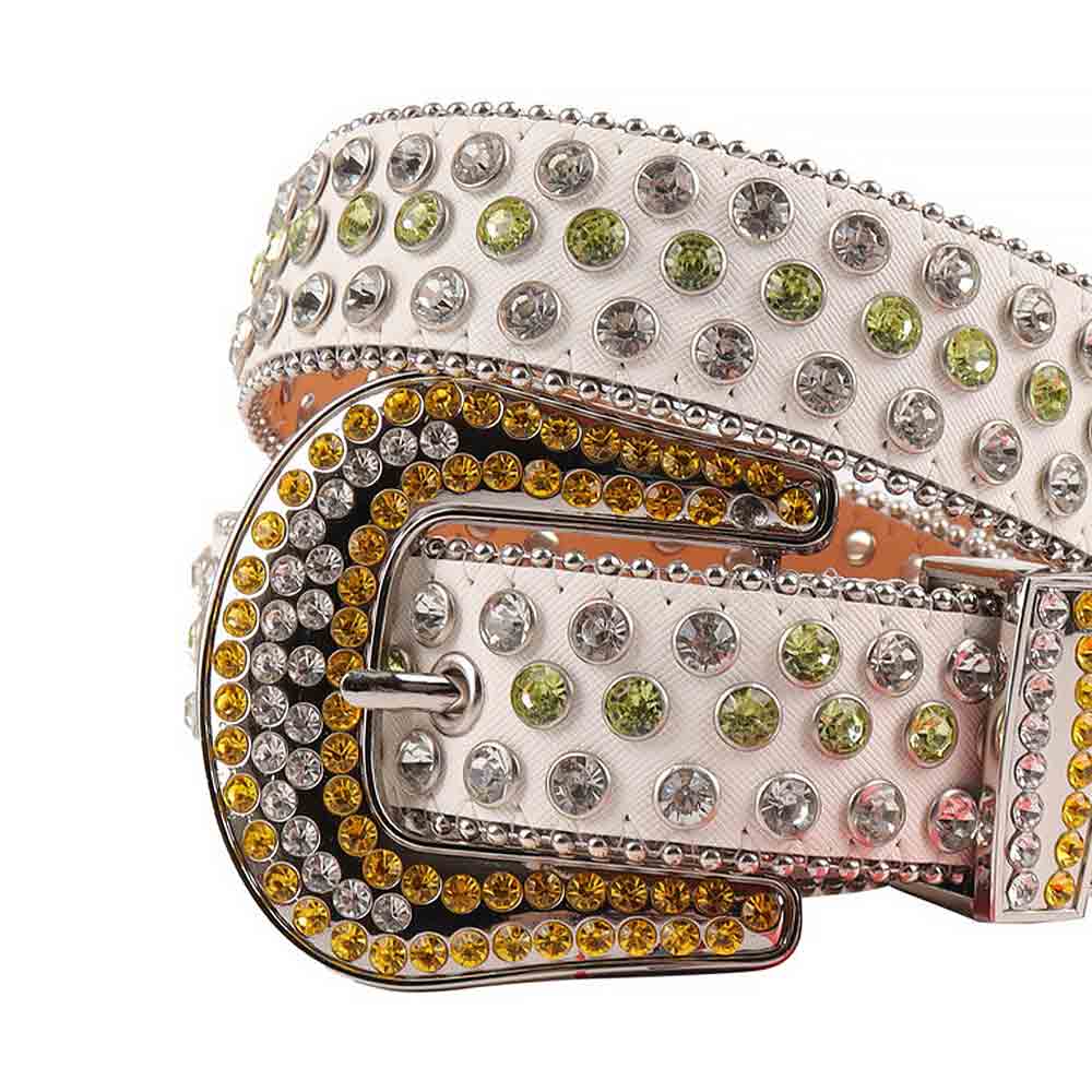 Rhinestones Leather Belt   White With Green And White Yellow Stones