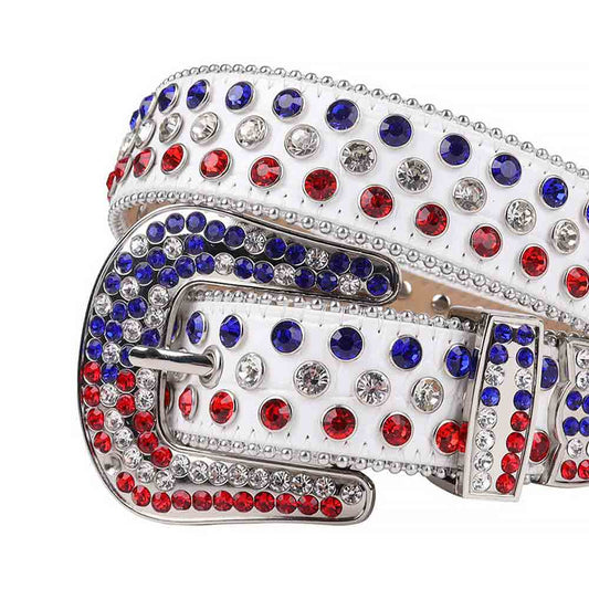 Rhinestones Leather Belt   White With White And Red Blue Stones