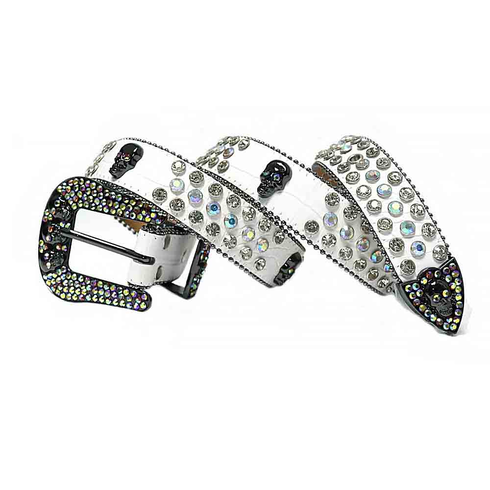 Rhinestones Leather Belt   White with 7 Skulls and Multi Stones