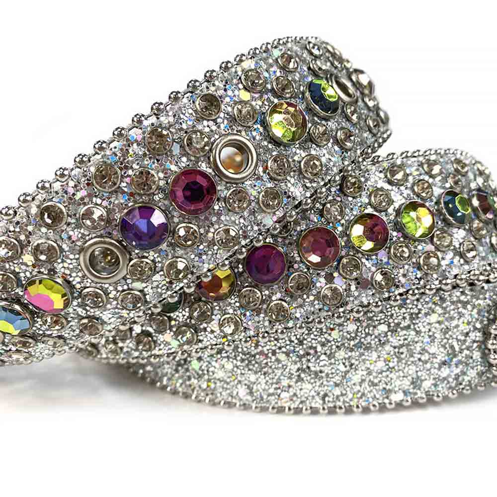 Rhinestones Leather Belt   White with Colors Stones