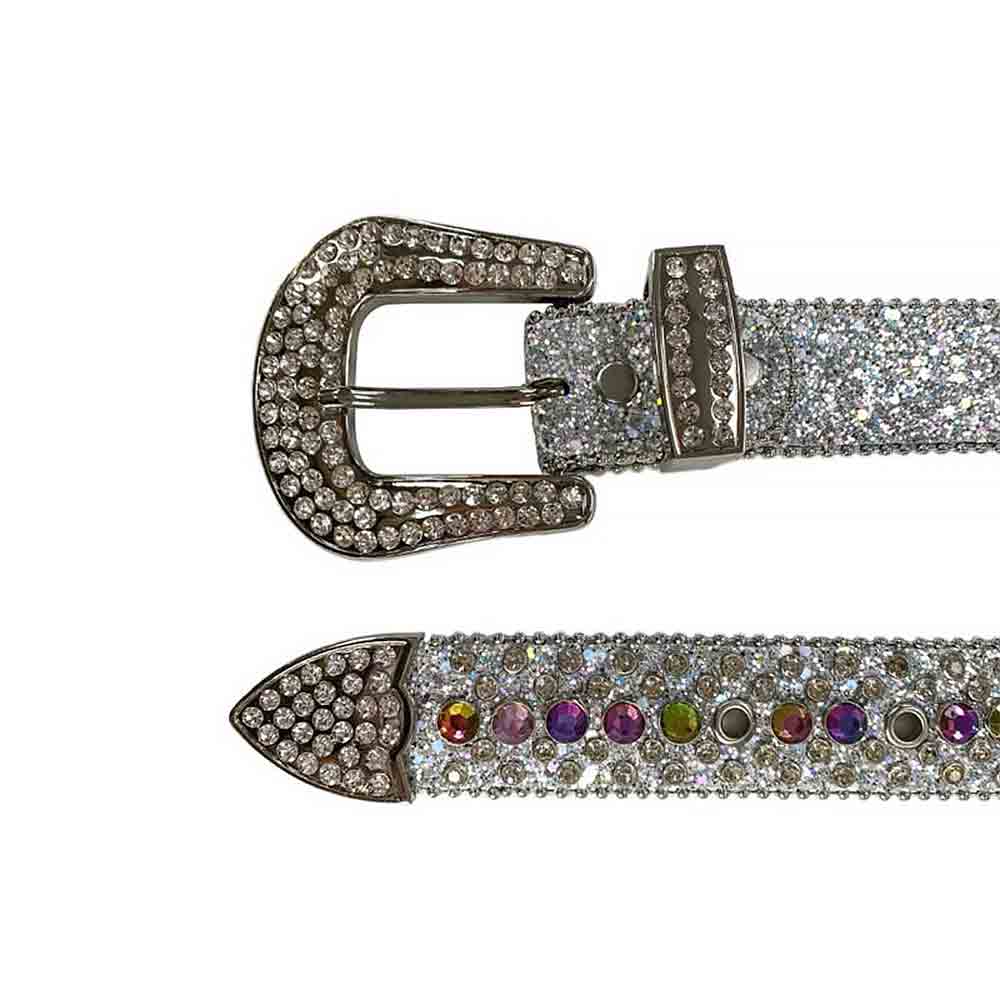 Rhinestones Leather Belt   White with Colors Stones
