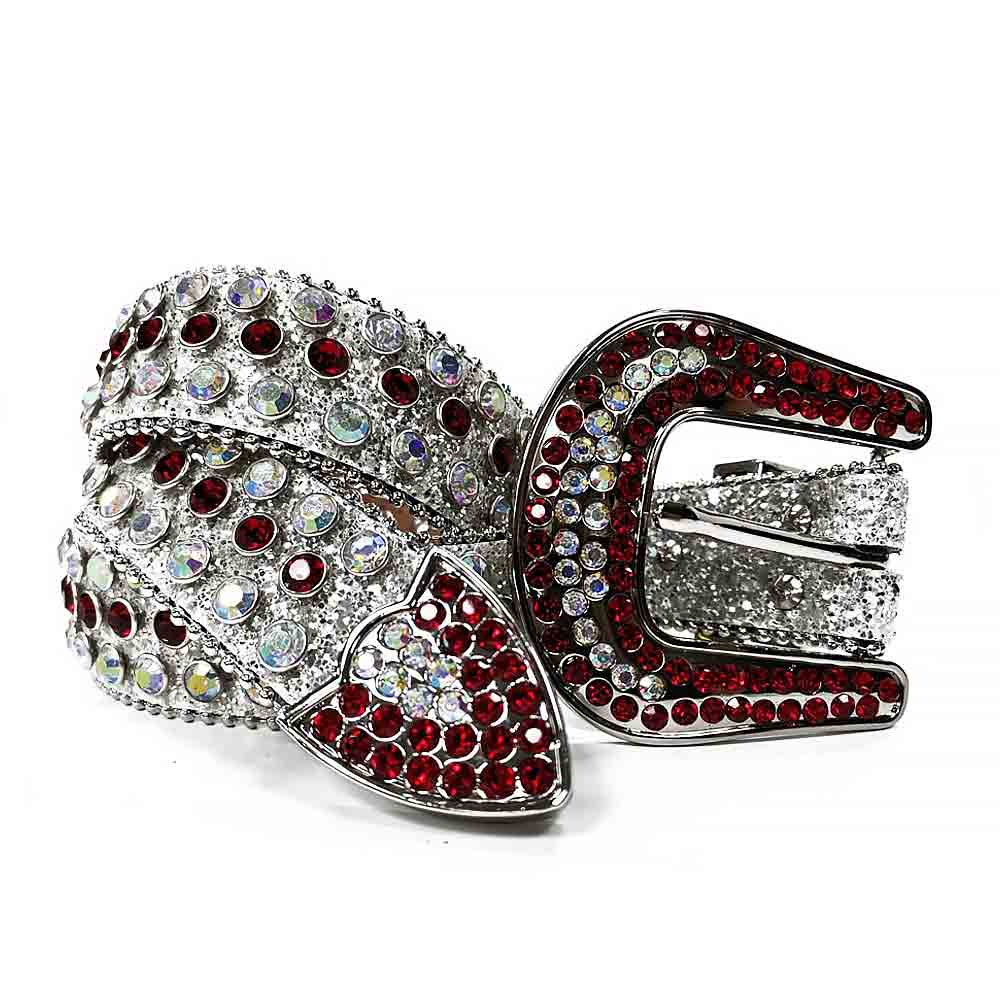 Rhinestones Leather Belt   White with Red