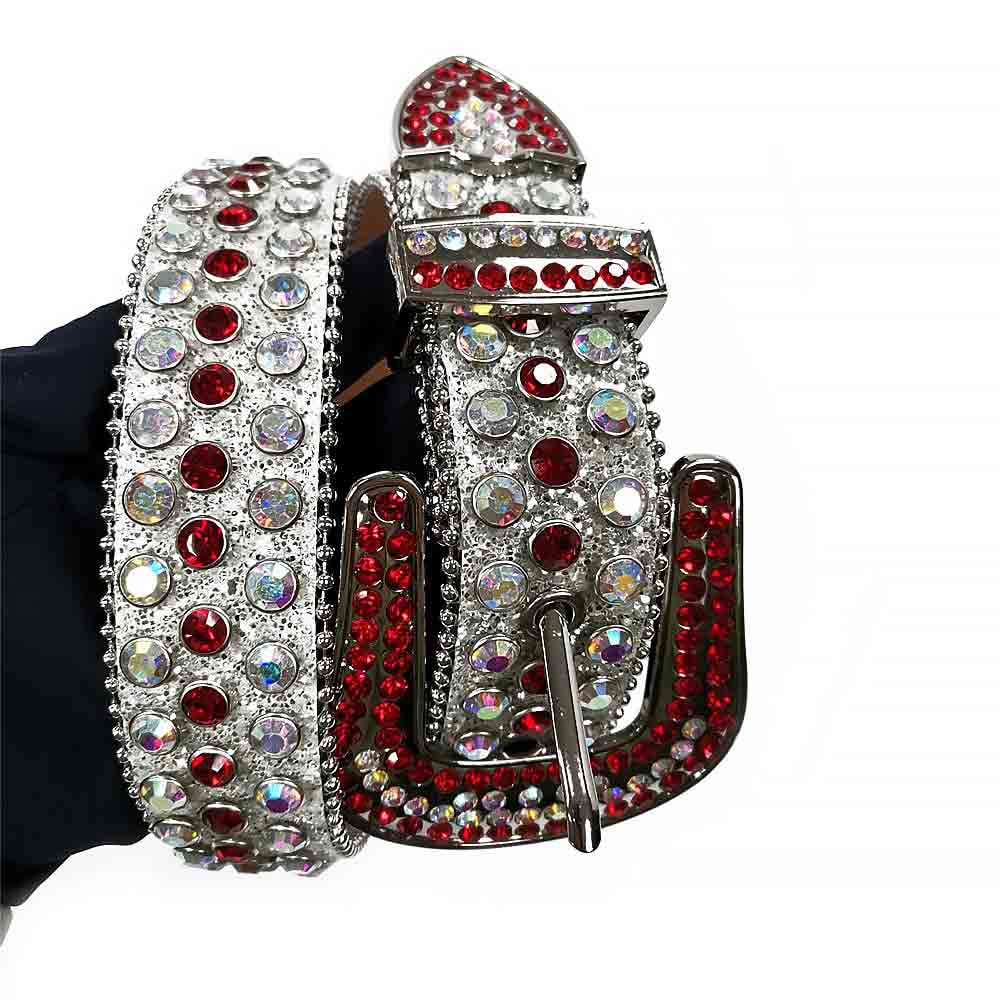 Rhinestones Leather Belt   White with Red