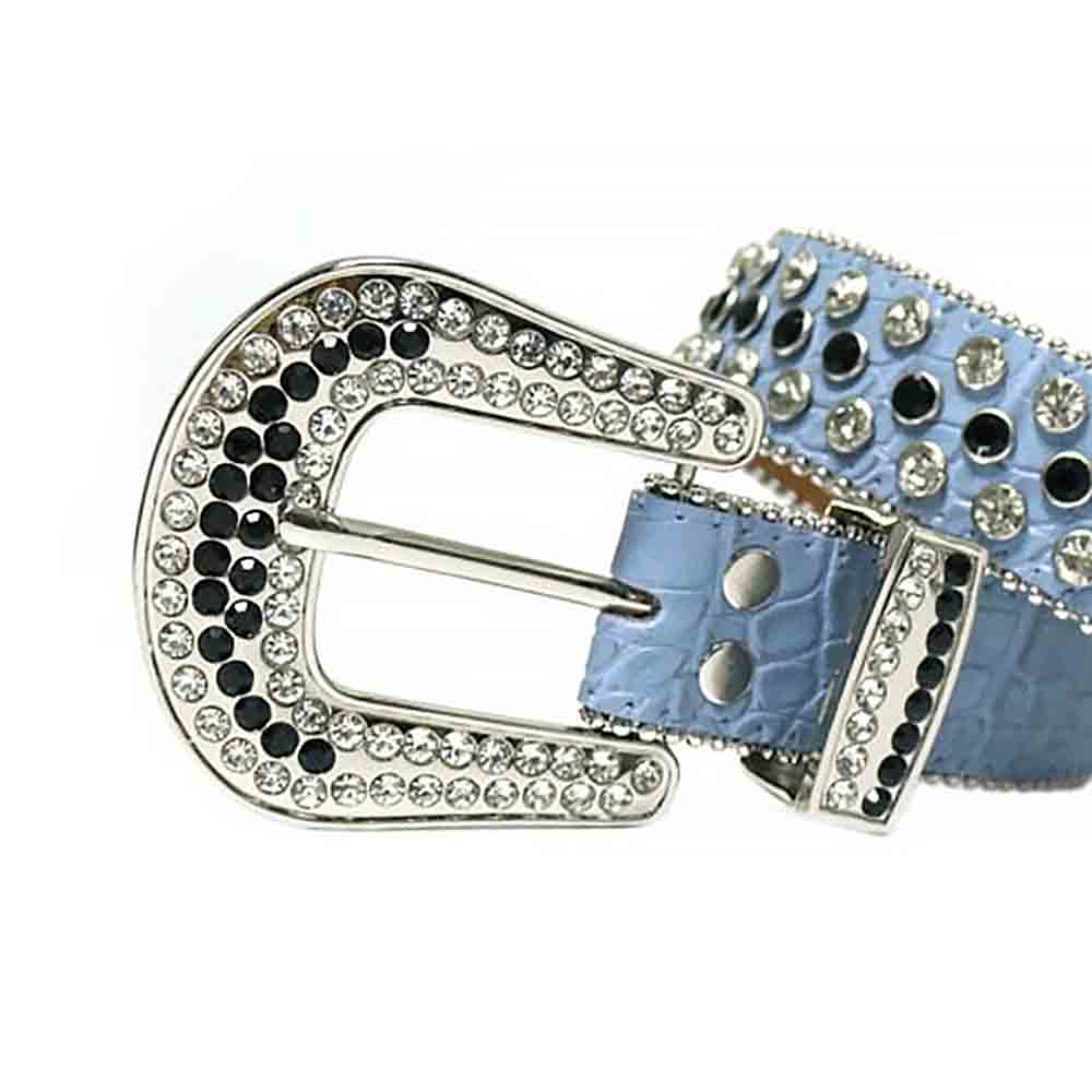 Rhinestones Leather Belt   light Blue with White and Black