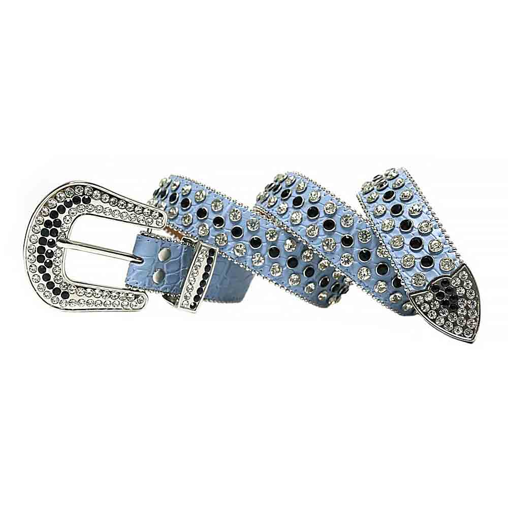 Rhinestones Leather Belt   light Blue with White and Black