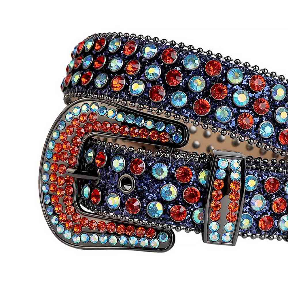 Rhinestones Leather Belt Black And Blue With Red And Blue Stones