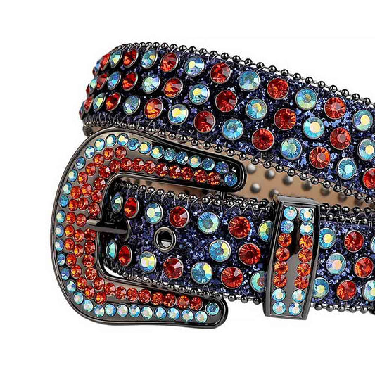 Rhinestones Leather Belt Black And Blue With Red And Blue Stones