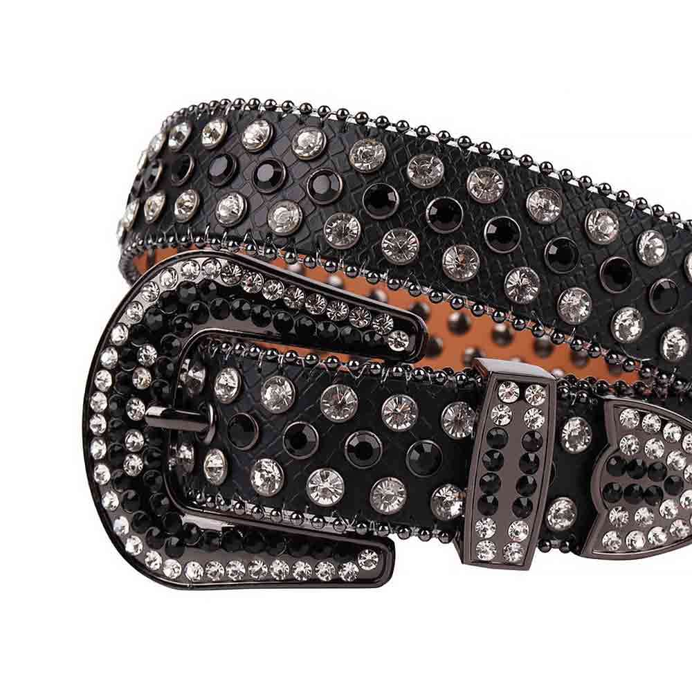 Rhinestones Leather Belt   Black Leather With Black And White Stones