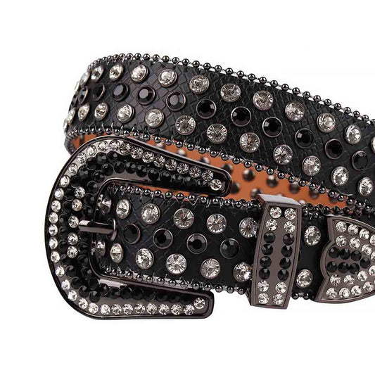 Rhinestones Leather Belt   Black Leather With Black And White Stones