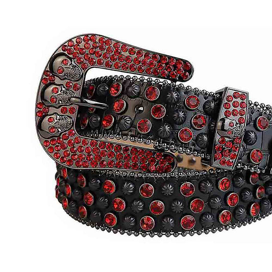 Rhinestones Leather Belt Black With Skull Red Stones