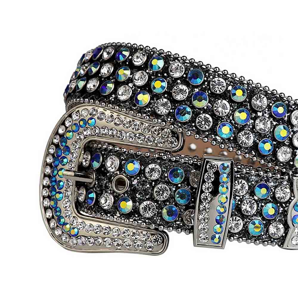 Rhinestones Leather Belt Black With White And Multi Stones
