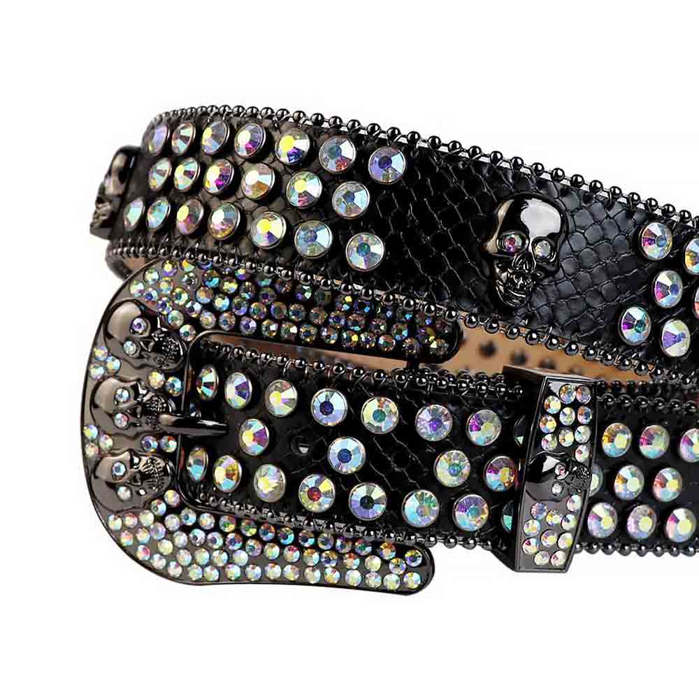 Rhinestones Leather Belt   Black with 7 Skulls and Mutli Stones