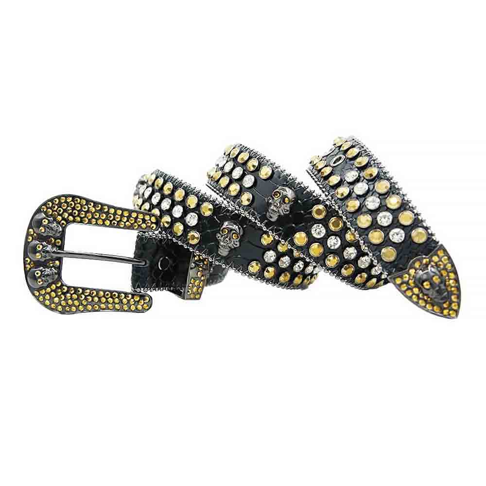 Rhinestones Leather Belt Black with 7 Skulls, Gold and White Stones