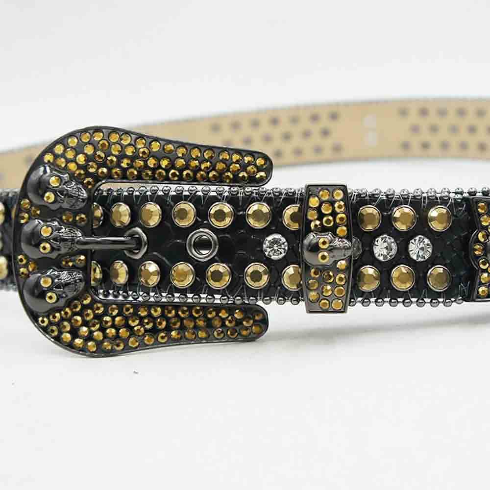 Rhinestones Leather Belt Black with 7 Skulls, Gold and White Stones