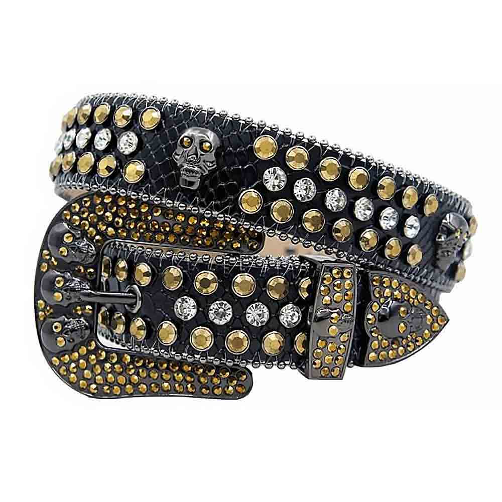Rhinestones Leather Belt Black with 7 Skulls, Gold and White Stones