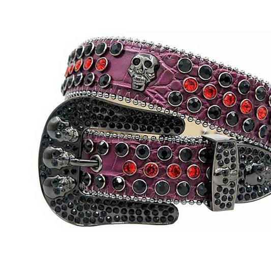 Rhinestones Leather Belt   Black with 7 Skulls, Red and Black Stones