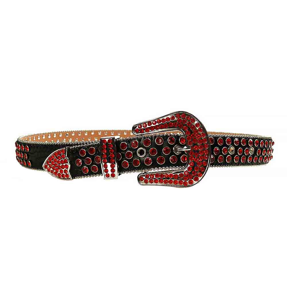 Rhinestones Leather Belt Black with Red Stones