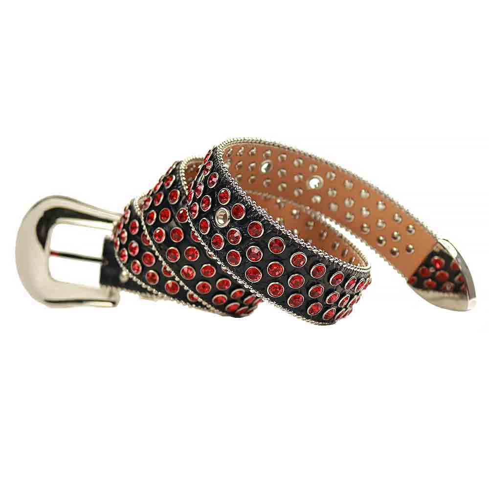 Rhinestones Leather Belt Black with Red Stones