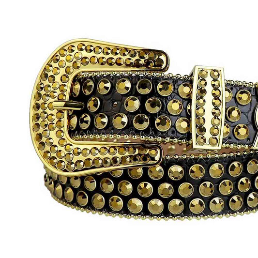 Rhinestones Leather Belt Black with Shining Golden Stones
