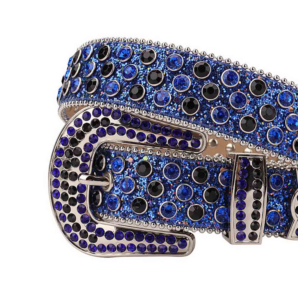 Rhinestones Leather Belt Blue Glitter With Blue And Black Stones