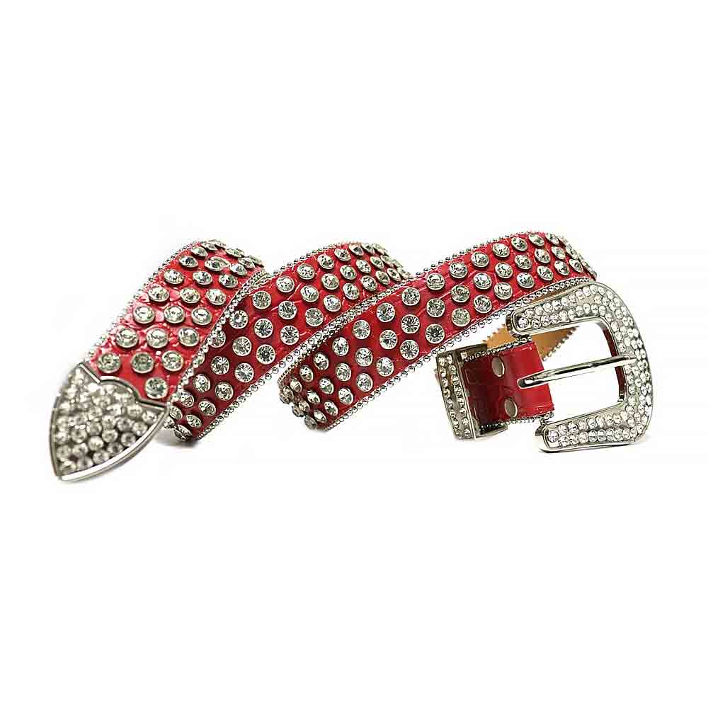 Rhinestones Leather Belt Red Big White Stones