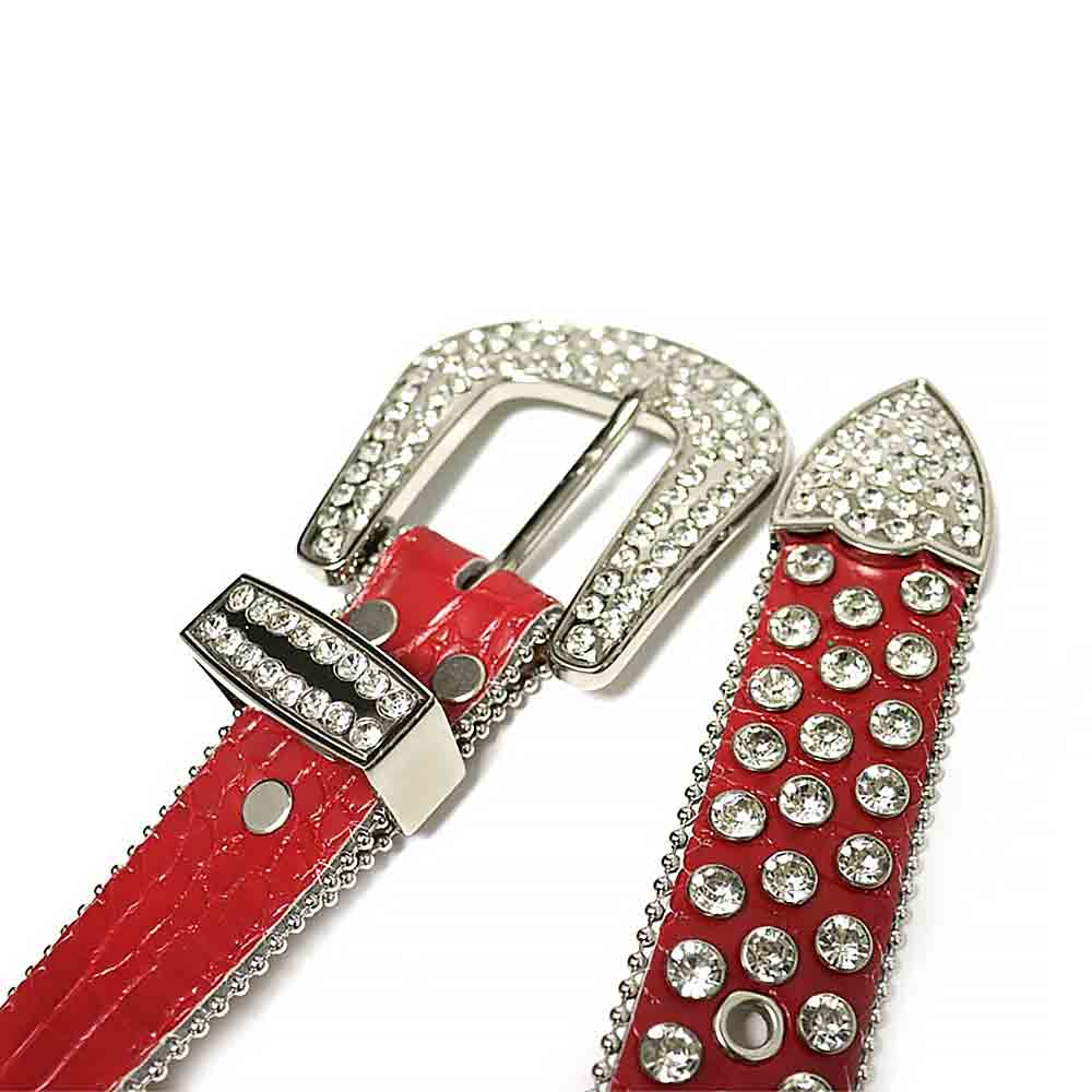 Rhinestones Leather Belt Red Big White Stones