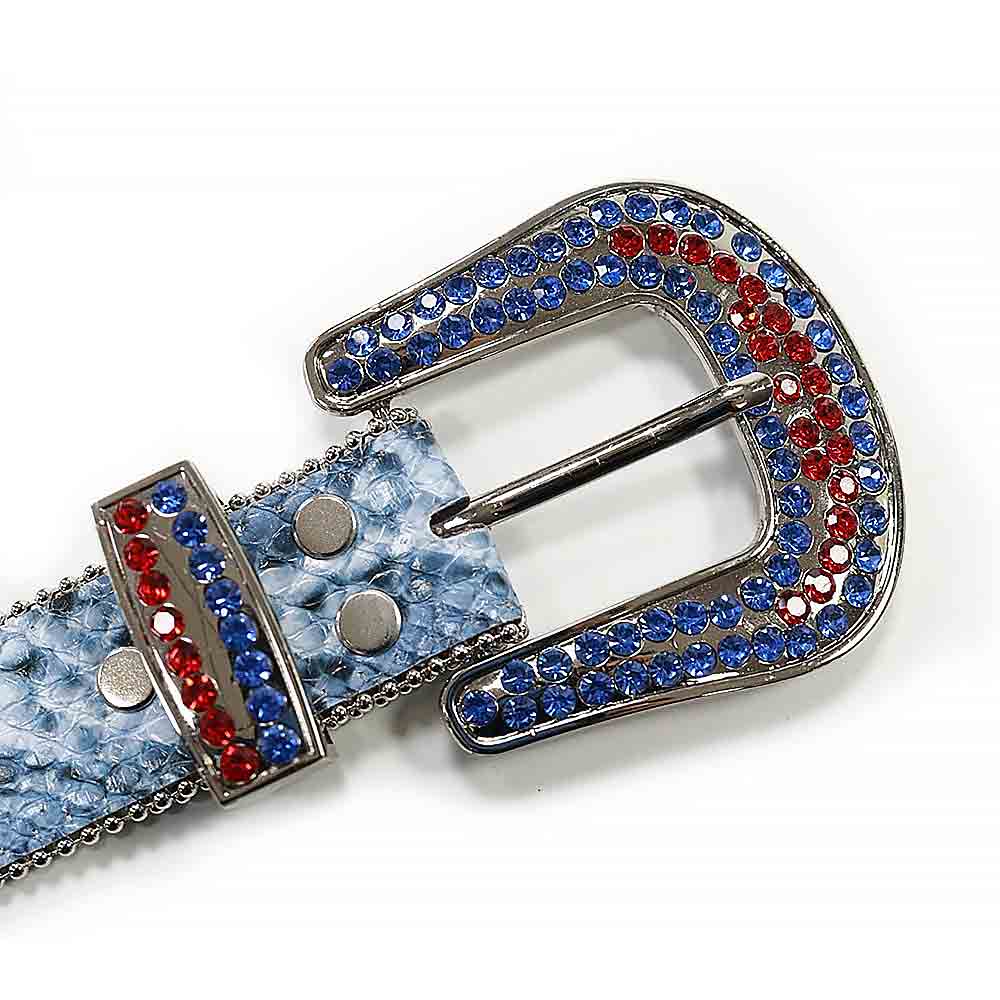Rhinestones Leather Belt Serpentine Blue with Red