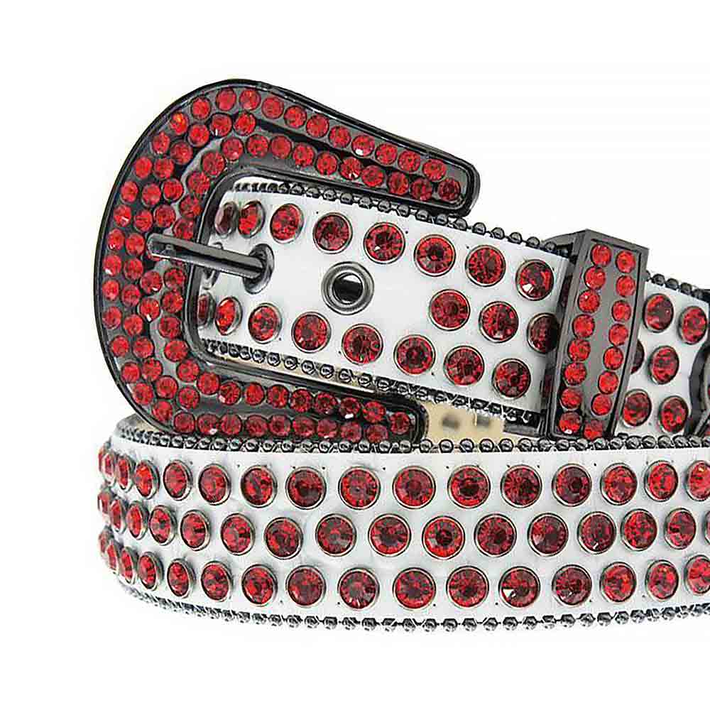 Rhinestones Leather Belt White Red Gray