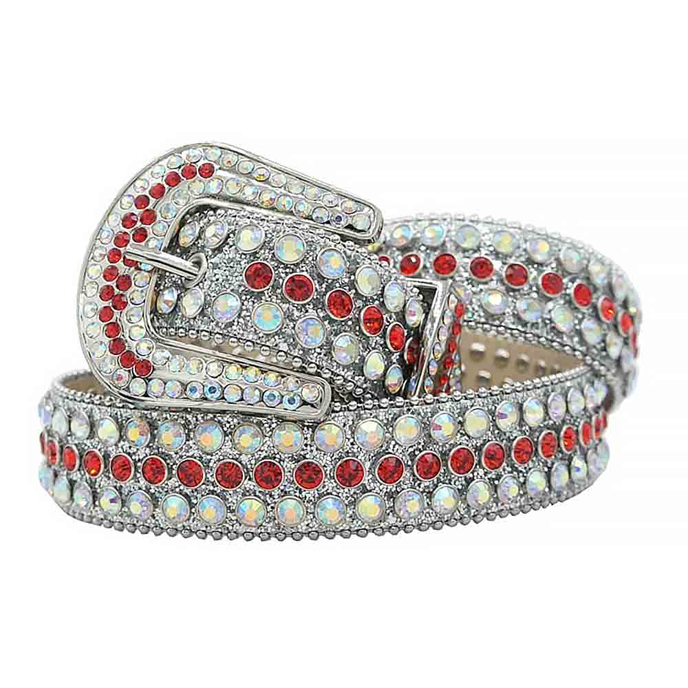 Rhinestones Leather Belt White with Red Stones