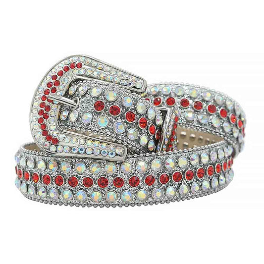 Rhinestones Leather Belt White with Red Stones