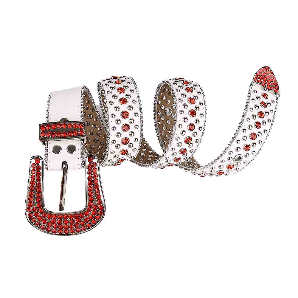 Rhinestones White Leather Belt With Red Stones Studs