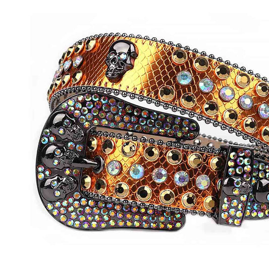 Rhinestones Yellow Gold Leather Belts Skull Buckle With Gold & White Multi Colour Stones