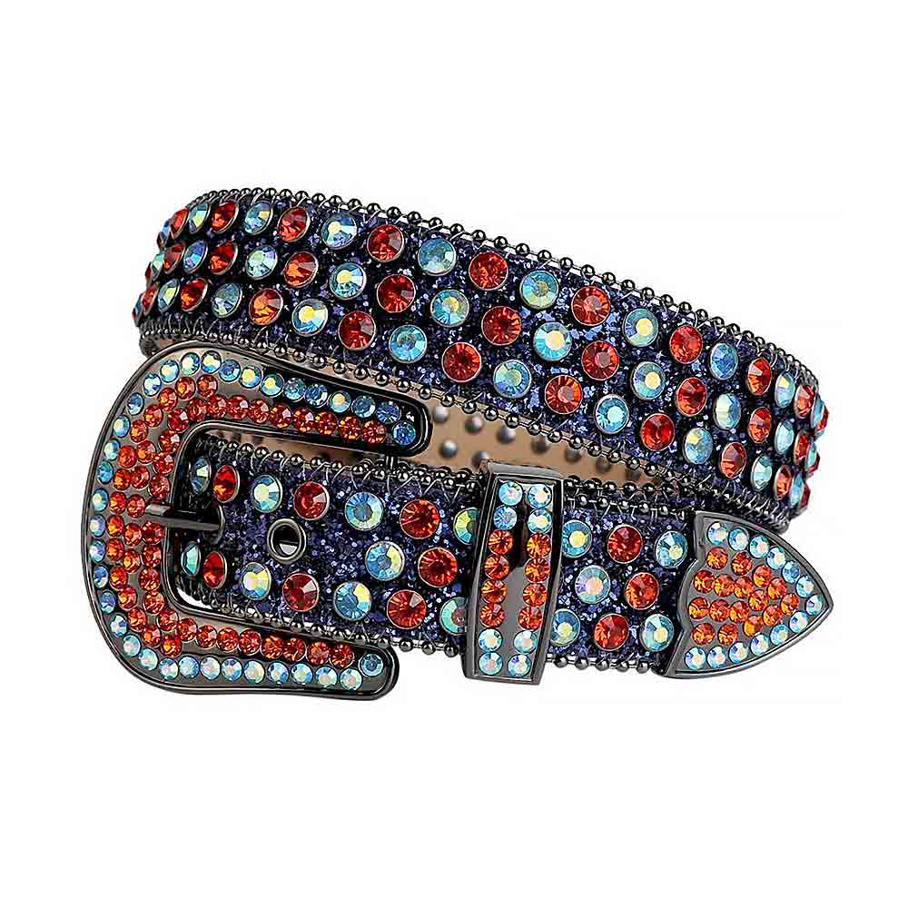 Rhinestones Leather Belt Black And Blue With Red And Blue Stones