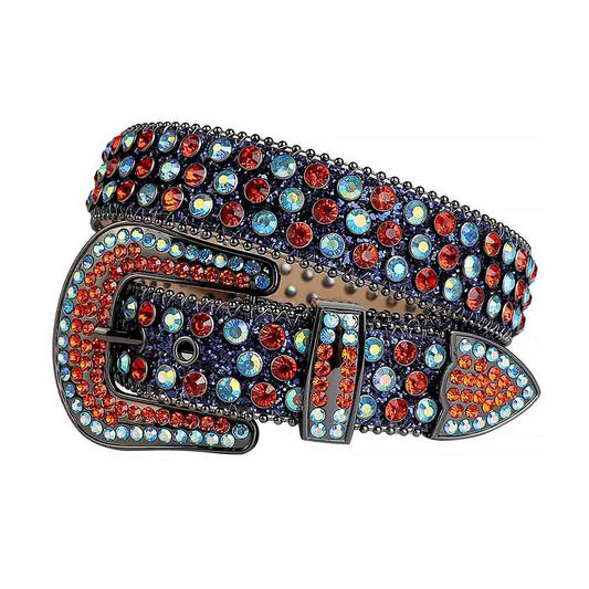 Rhinestones Leather Belt Black And Blue With Red And Blue Stones