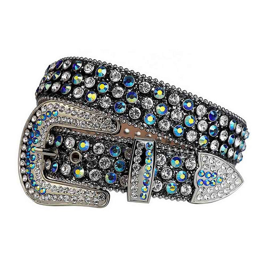 Rhinestones Leather Belt Black With White And Multi Stones